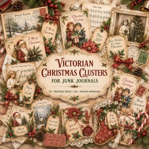 Könnte beinhalten: Eine Sammlung von weihnachtlichen Ephemera im viktorianischen Stil mit Vintage-Postkarten, Geschenkanhängern, Notenblättern und dekorativen Etiketten mit festlichen Motiven von Kindern, dem Weihnachtsmann, Weihnachtssternen und Stechpalmen.