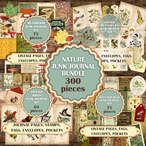 Afdrukbare vintage bundel met ongewenste natuurboeken, cottagecore-dagboekpagina's, zakken, tags, efemere, tabbladen, vlinders vogels bijen paddestoelen