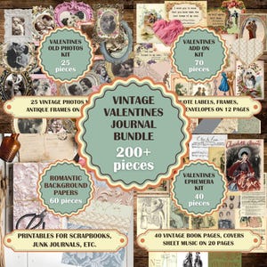 Lot de journaux indésirables romantiques pour la Saint-Valentin, documents éphémères imprimables, pages d'arrière-plan, modules complémentaires, photos, citations, tags et étiquettes pour journaux indésirables