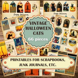Feuilles de collage d'Halloween mignon chat noir vintage, étiquettes, étiquettes, Images de cartes complètes pour journaux indésirables, éphémères rétro imprimables en téléchargement numérique