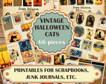 May include: A collection of 66 vintage Halloween cat illustrations, perfect for scrapbooking, junk journals, and other crafts. The images feature black cats, pumpkins, and other Halloween imagery.