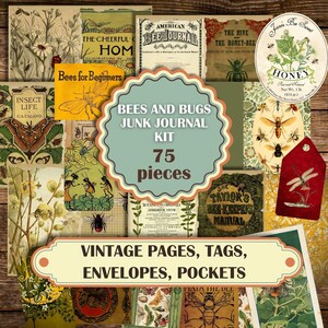 Kit de journal imprimable vintage des abeilles et des insectes, pages de journal, pochettes, étiquettes, éphémères, onglets, couverture sur un album de 30 pages de base de chalet