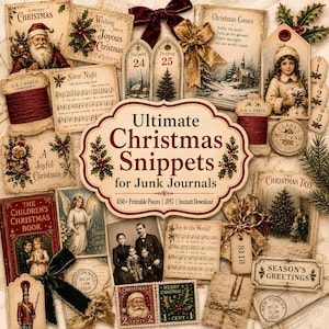 May include: A collection of vintage-style Christmas ephemera including tags, postcards, and labels featuring illustrations of Santa Claus, children, angels, and holiday sheet music with the central text Ultimate Christmas Snippets for Junk Journals.