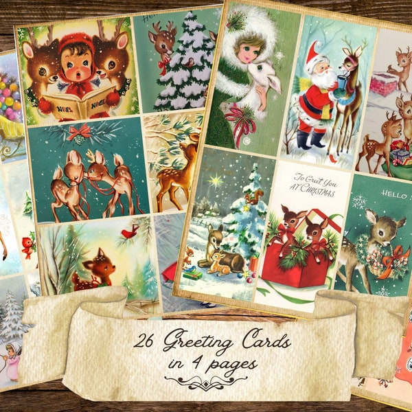 58 pièces Noël vintage renne feuilles timbres cartes de voeux imprimables téléchargement numérique instantané, rétro vintage coupe difficile éphémère rétro