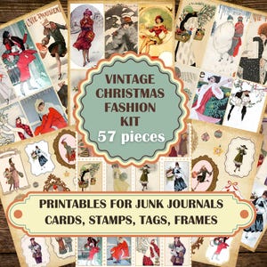 Kit di moda natalizia vintage da 57 pezzi, biglietti di auguri, francobolli, etichette, stampabili, download digitale immediato, effimeri fustellati retrò