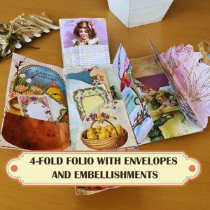 Cartella vintage di Pasqua stampabile, cartella di diario di scarto stampabile a 4 ante con istruzioni, buste, tasche per etichette e abbellimenti effimeri