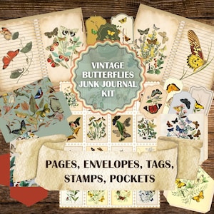 Afdrukbare vintage vlinderdagboekkit, dagboekpagina's, enveloppen, zakken, tags, postzegels, achtergrondpagina's op 32 pagina's, lentethema