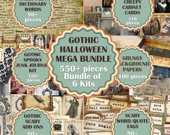 Gothic Scary Mega Bundle, Printable halloween junk journal kit, vintage creepy pages, quotes, dictionary words, eerie cabinet cards ephemera