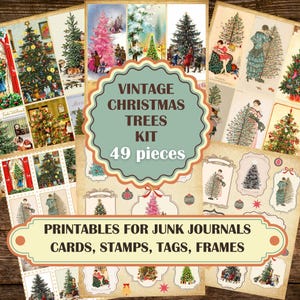 Cartões de felicitações de árvore de Natal vintage, selos, etiquetas, tags, download digital instantâneo para impressão, itens efêmeros de corte retrô e exigentes
