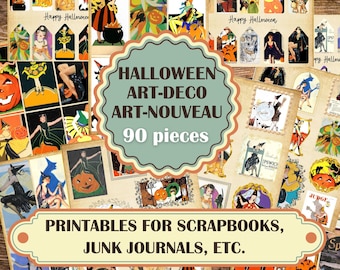 May include: A collage of 90 printable Halloween images in an art deco and art nouveau style. The images feature witches, pumpkins, cats, and other Halloween imagery. The images are perfect for scrapbooking, junk journals, and other craft projects.  "HALLOWEEN ART-DECO ART-NOUVEAU 90 pieces PRINTABLES FOR SCRAPBOOKS, JUNK JOURNALS, ETC."
