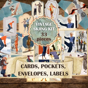 Vintage Skiing Postkarten, Umschläge, Taschen und Tags, vintage Wintersport Junkjournal, Junkjournal Seiten, Add-ons, 33 Teile auf 6 Seiten