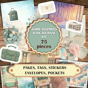 May include: A digital junk journal kit with 75 pieces inspired by anime. The kit includes pages, tags, stickers, envelopes, and pockets. The kit features a variety of colors and designs, including green, blue, pink, and white.