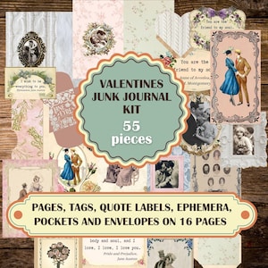 Kit de diário de lixo vintage para namorados, diário de lixo romântico para impressão com páginas para download, etiquetas, tags, citações, bolsos, envelopes