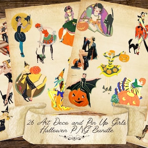 ピンナップガールズアールデコハロウィーンPNGクリップアートグラフィック透明な背景印刷可能なデジタルダウンロードレトロヴィンテージジャンクジャーナル用