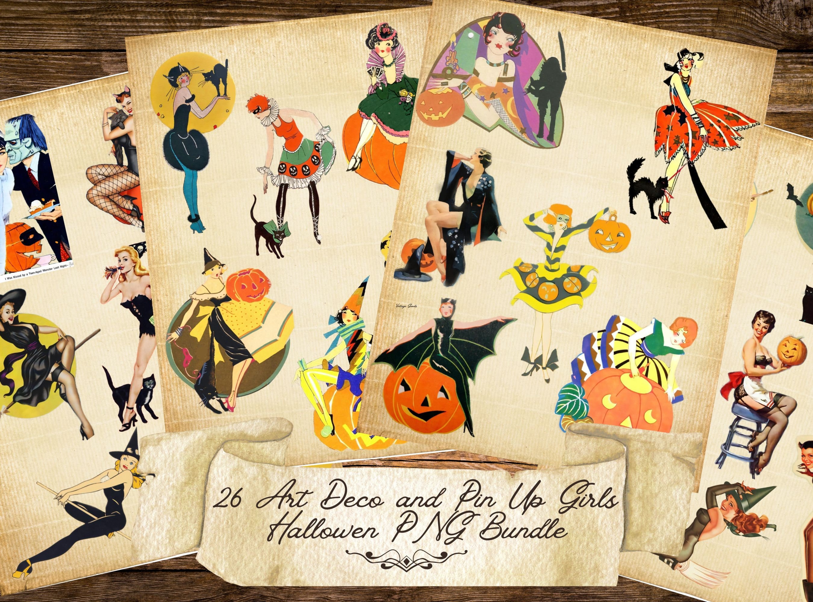 Pin Up Girls Art Deco Halloween PNG clipart graphics transparent background printable digital download retro vintage for junk journals