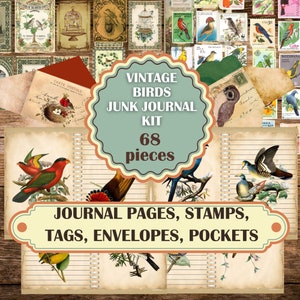 Kit de journal vintage imprimable Birds, pages de journal, enveloppes, pochettes, étiquettes, timbres, pages d'arrière-plan sur 16 pages, journal cottagecore