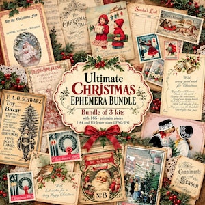 May include: A collection of vintage-style Christmas ephemera featuring various paper goods, including postcards, stamps, and book covers with festive illustrations of Santa Claus, children, and winter scenes, centered around a decorative label.