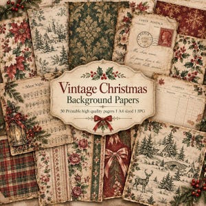 May include: A collection of vintage Christmas background papers featuring various designs including snowy landscapes, poinsettias, holly, roses, plaid patterns, sheet music, and antique postcards with the text Vintage Christmas Background Papers.