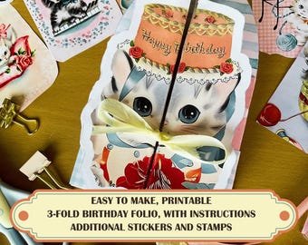 Printable Vintage Birthday Junk Journal Folio: Stickers & Tags (Digital Download)