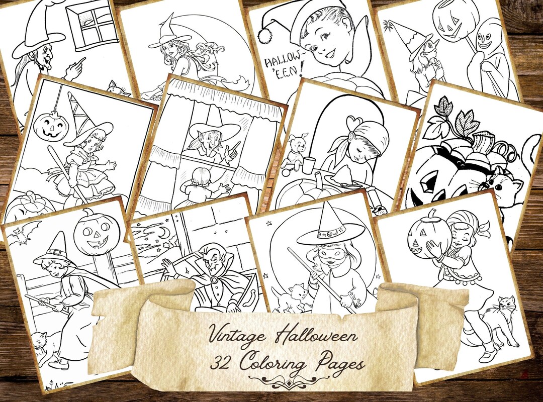 32 Pieces Vintage Halloween Coloring Pages Kids Halloween Etsy