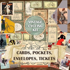 Printable vintage bicycle junk journal kit, downloadable retro cycling posters, cards, envelopes, pockets and tags, 83 pieces on 20 pages