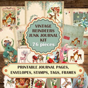Rentier Weihnachten Vintage Junk Journal Kit, Briefmarken, Etiketten, Tags, Umschläge, printable sofortiger digitaler Download, Retro wählerisch geschnittenes Ephemera