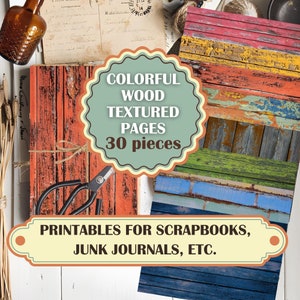 30 páginas de álbum de recortes con textura de madera colorida, tamaño carta de EE. UU. y A4, fondo de textura de madera desgastada y desgastada, diario de basura de madera