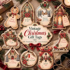 Vintage Christmas Gift Tags Printable, 150+ Victorian Xmas Tags, Holiday Present Labels, Junk Journal Ephemera, Instant Download