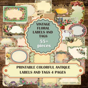 Etiquetas e tags florais vintage para impressão, etiquetas antigas em branco para download, etiquetas coloridas antigas para junkjounals, restos de efêmeras digitais