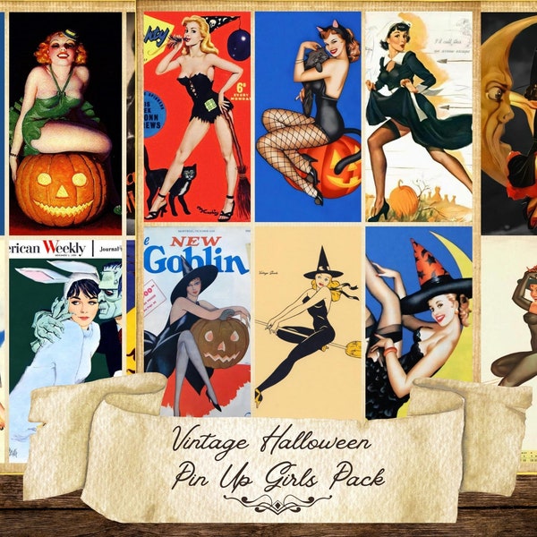 46 pieces Pin Up Girls Halloween Collage Sheets labels tags Full Card Images printable instant digital download, retro vintage 1950s 1960s