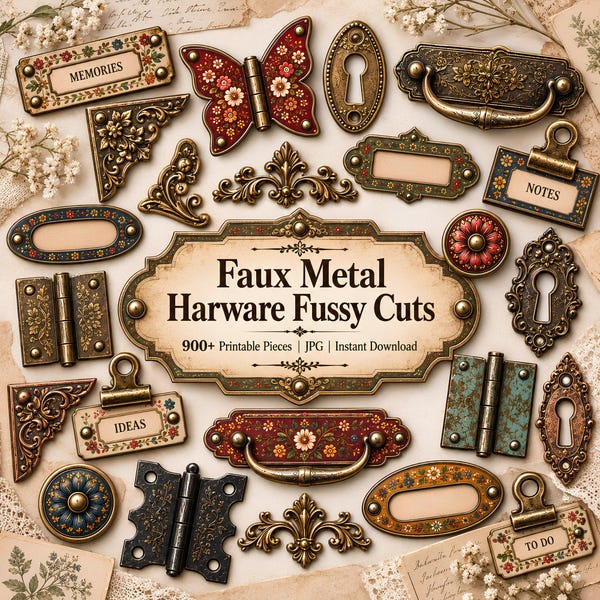 Vintage Faux Metal Hardware Fussy Cuts for Junk Journals: 900+ printable pieces on 25 pages, Antique Steampunk Ephemera (Digital Download)