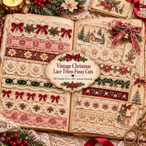 Vintage kerstkantversieringen om uit te knippen voor junk journals en scrapbooks: printbare kerstkantversieringen om als digitale download toe te voegen.