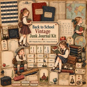 Puede incluir: Un kit de diario creativo digital con ilustraciones escolares vintage, que incluye niños, alfabetos, mapas mundiales, tarjetas de matemáticas y papelería. El texto central dice Back to School Vintage Junk Journal Kit.
