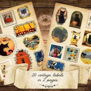66 Pieces Black Cat Vintage Cute Halloween Collage Sheets, Labels, Tags ...