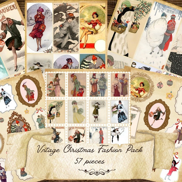 Vintage Christmas Fashion 57 pieces pack, greeting cards stamps labels printable instant digital download, retro fussy cut die cut ephemera