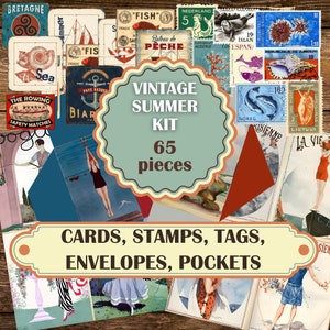 Afdrukbare vintage zomerjunkdagboekkit, kaarten, enveloppen, zakken, tags, stempels op 13 pagina's, art deco nautische zeezomermode