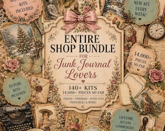 Può includere: Un collage digitale di effimeri per junk journal in stile vintage con un cartello centrale che recita Entire Shop Bundle for Junk Journal Lovers, 140+ kit e 14.000+ pezzi. Include motivi floreali, orologi antichi, farfalle e una macchina da scrivere.