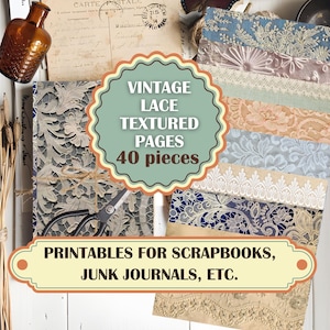 Vintage pagina's met textuur van kant en linnen, 40 afdrukbare antiek neutrale romantische shabby chic achtergronden, download US Letter en A4-achtergrond