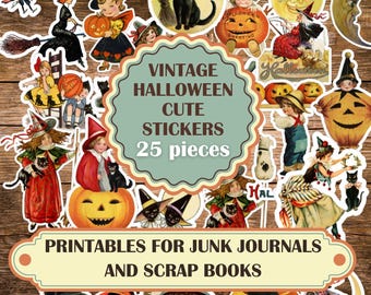 May include: A set of 25 vintage Halloween stickers featuring cute illustrations of witches, cats, pumpkins, and other spooky characters. The stickers are perfect for adding a touch of whimsy to your Halloween crafts, scrapbook pages, or junk journals. The text on the image reads "Vintage Halloween Cute Stickers 25 pieces Printable for Junk Journals and Scrap Books".