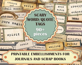 Spooky word tags, printable scary quote label, downloadable vintage Halloween word plates, fussy cut for junkjournals, 90+ pieces on 3 pages