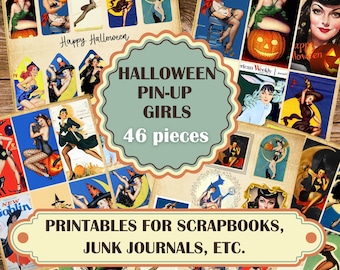 Vintage Halloween Pin Up Girls Collage Sheets: Junk Journal Ephemera (Digital Download)
