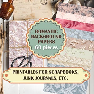 Romantische Hintergrundseiten druckbare, herunterladbare Hintergrundpapiere mit Blumen, Spitze, Wolle und Fell in sanften Tönen für Junk Journals und Scrapbooks