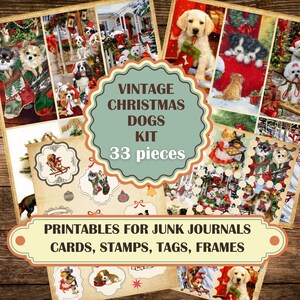 Cartões de felicitações de selos de cachorrinhos vintage de Natal para impressão, download digital instantâneo para diários de lixo, itens de corte retrô e delicados
