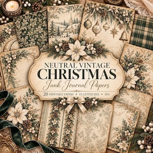 Pode incluir: Uma coleção de 20 papéis imprimíveis para junk journal com designs de Natal vintage neutros. Os papéis exibem padrões de poinsétias, pinhas, ramos de pinheiro, ornamentos e paisagens de inverno em tons suaves de verde e bege.