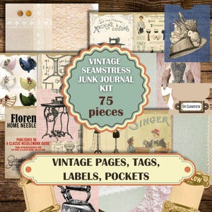 Può includere: Un kit di diario spazzatura vintage con 75 pezzi, con pagine, tag, etichette e tasche. Il kit include immagini di macchine da cucire, guide di cucito ed effimeri vintage. La tavolozza dei colori comprende beige, marrone e verde acqua.
