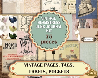 Pode incluir: Um kit de diário de lixo vintage com 75 peças, com páginas, etiquetas, rótulos e bolsos. O kit inclui imagens de máquinas de costura, guias de costura e efêmeros vintage. A paleta de cores inclui bege, castanho e verde-azulado.