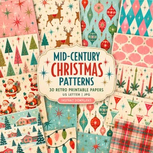 Könnte beinhalten: Eine Sammlung von 30 druckbaren digitalen Papieren mit weihnachtlichen Mustern im Stil der Jahrhundertmitte, darunter Rentiere, Weihnachtsmänner, Ornamente, Tannenbäume, Häuser und Cocktails in Retro-Farben mit Sternmotiven und dem Text Mid-Century Christmas Patterns.