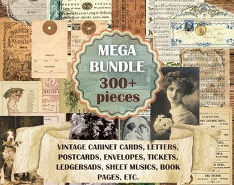 May include: A collage of vintage ephemera, including cabinet cards, letters, postcards, envelopes, tickets, ledgers, sheet music, and book pages. The collage is on a wooden background and features a variety of colors and textures. The text "MEGA BUNDLE 300+ pieces" is prominently displayed in the center of the collage.