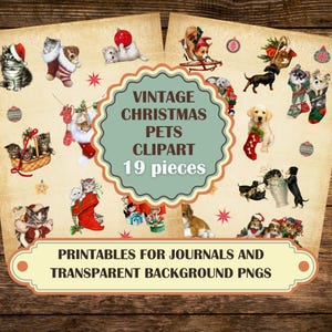 Gráficos PNG de cachorros y gatitos de mascotas vintage de Navidad, fondo transparente, descarga digital instantánea retro imprimible para revistas basura