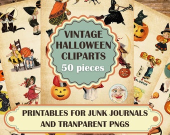 May include: A collection of vintage Halloween clip art images. The images feature witches, pumpkins, black cats, and children in Halloween costumes. The text on the image reads "Vintage Halloween Cliparts 50 pieces" and "Printables for Junk Journals and Transparent PNGs."